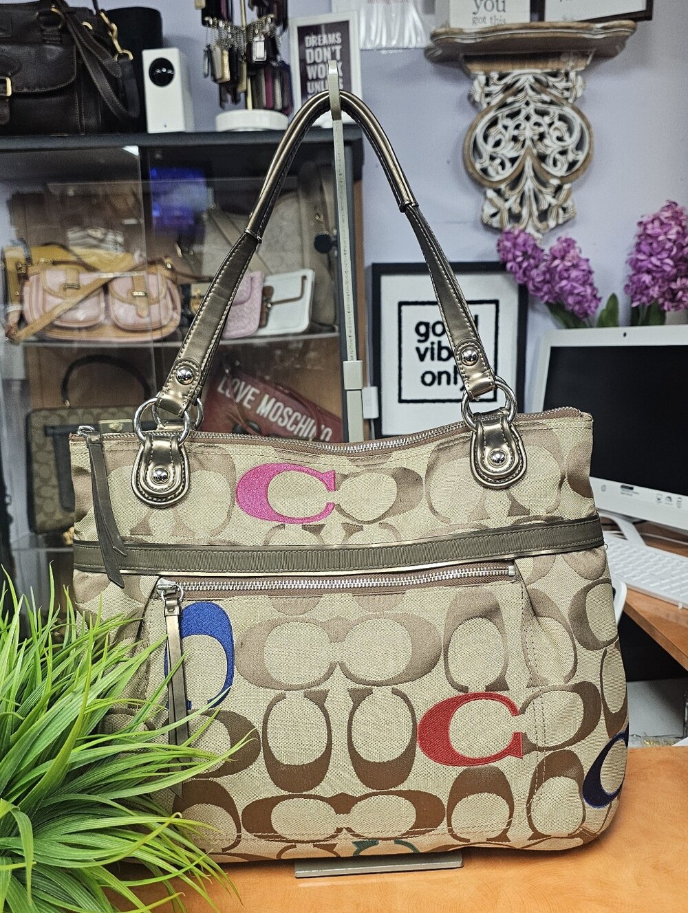 Coach Beige Signature Canvas Shoulder Bag with Multicolor C Accents